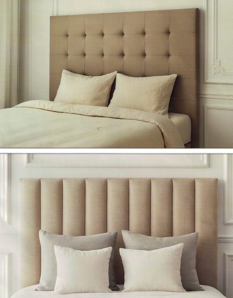 Têtes de lit en tissu taupe, l'une capitonnée, l'autre à côtes verticales
