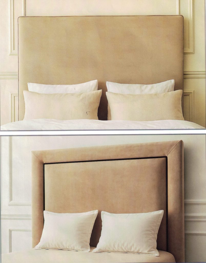 Têtes de lit en tissu beige, l'une droite et lisse, l'autre encadrée d'une bordure plus foncée