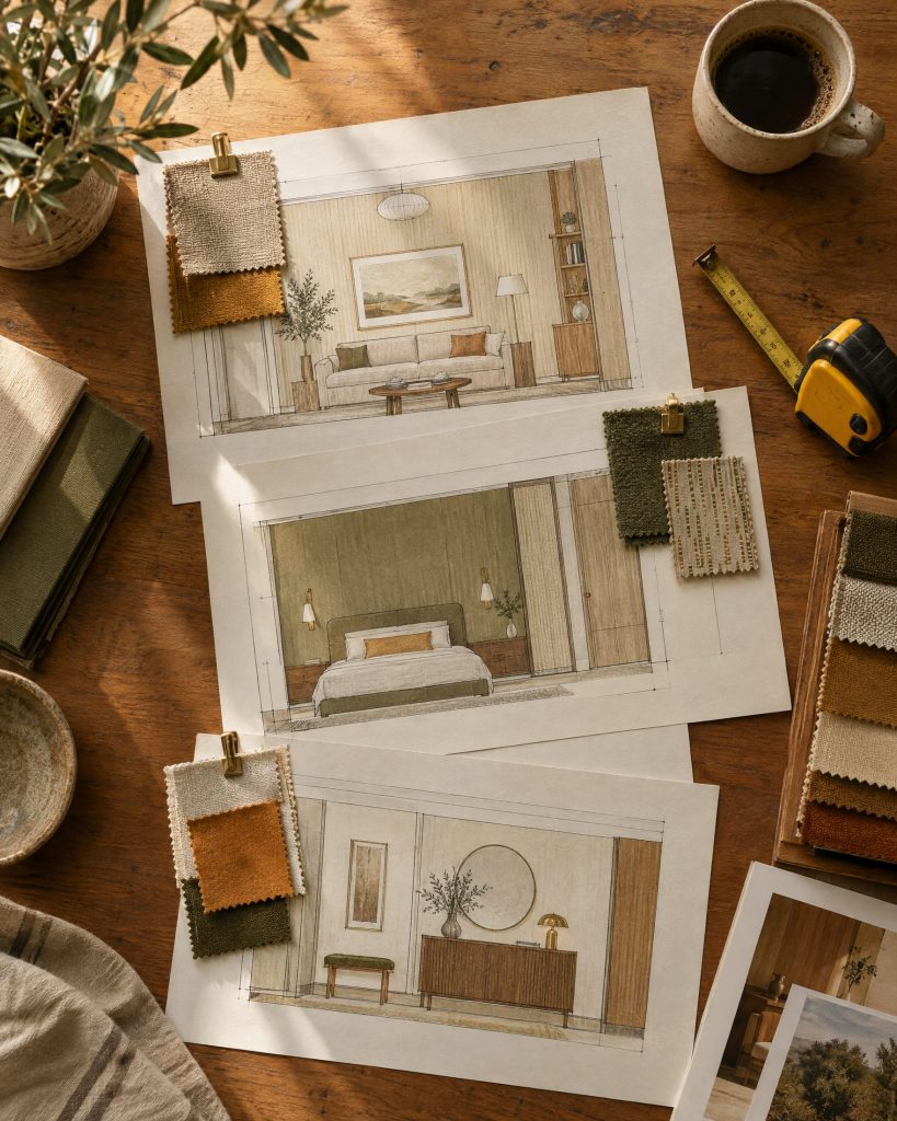 Liasses de tissus et plan d'architecte sur une table de travail