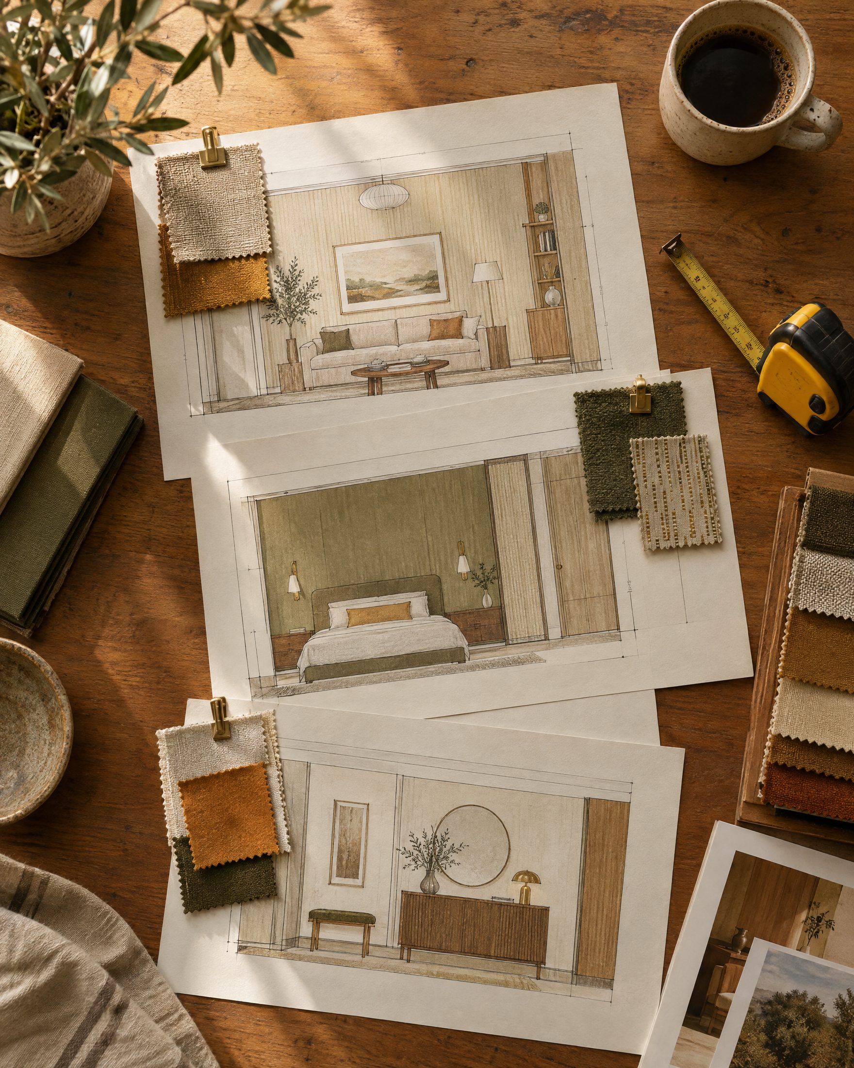 Liasses de tissus et plan d'architecte sur une table de travail