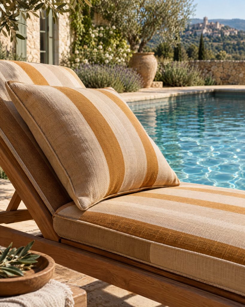 Coussins en tissu d'extérieur sur une banquette de terrasse