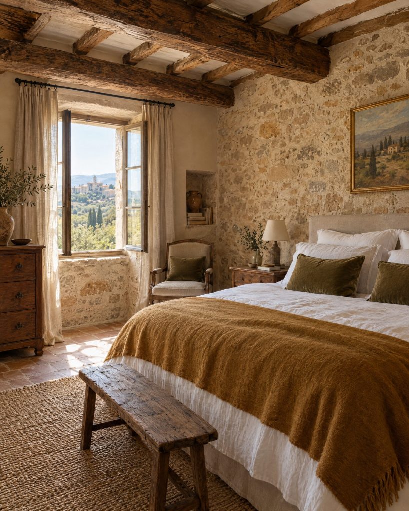 Chambre d'hôtes provençale avec tête de lit tapissée et rideaux occultants