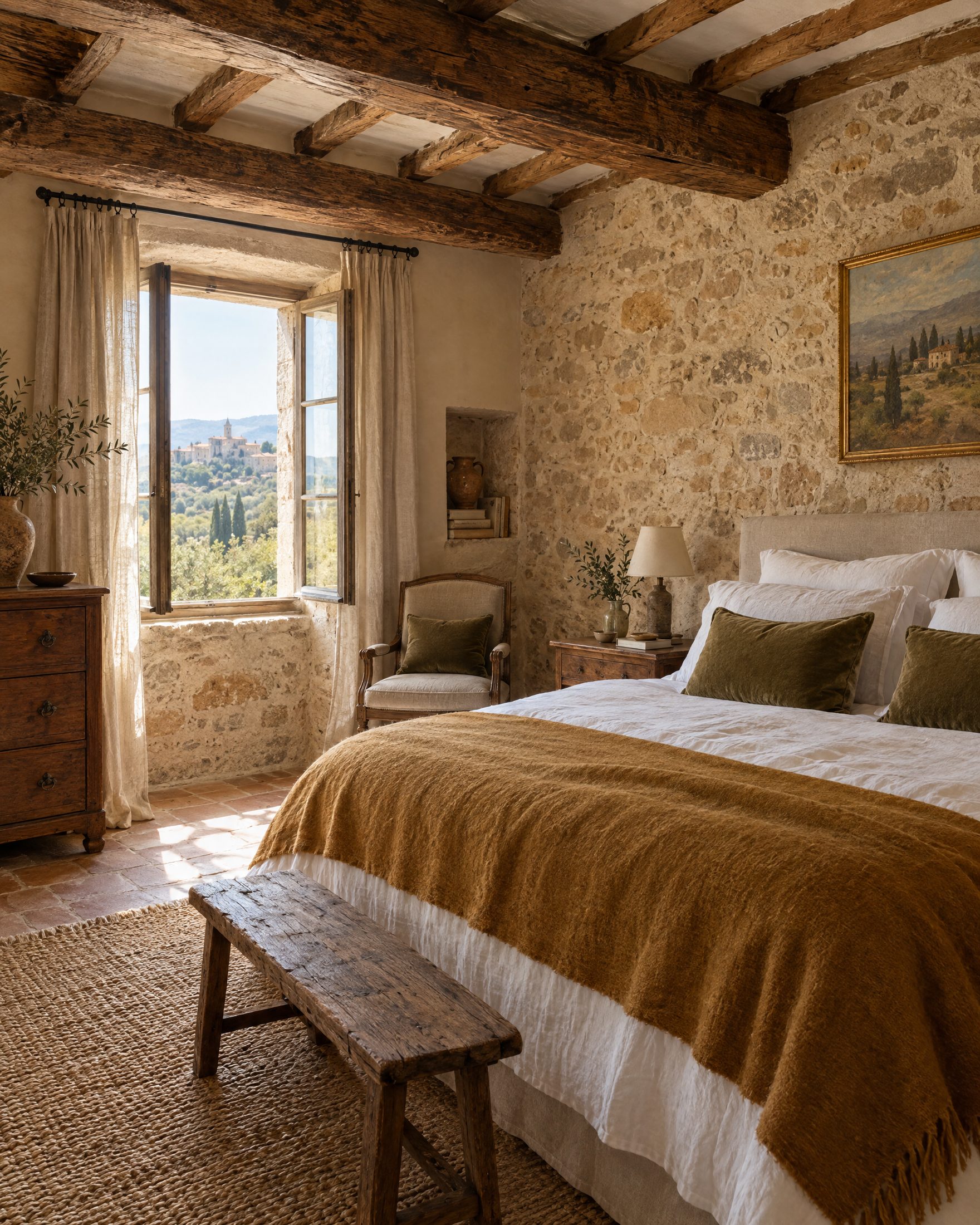 Chambre d'hôtes provençale avec tête de lit tapissée et rideaux occultants
