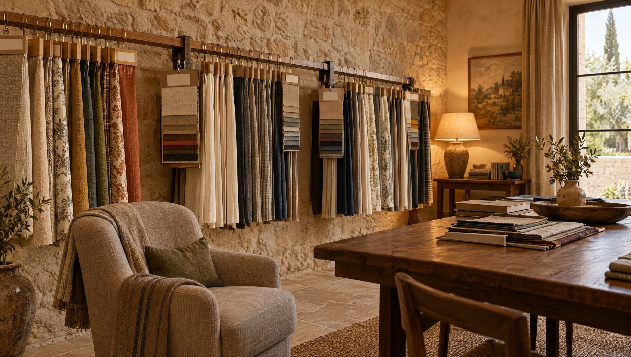 Liasses de tissus d'éditeurs suspendues dans un showroom de décoration textile