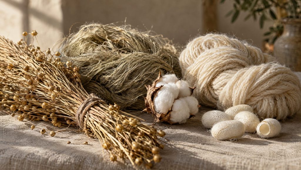 Écheveaux de fibres naturelles et échantillons de tissus