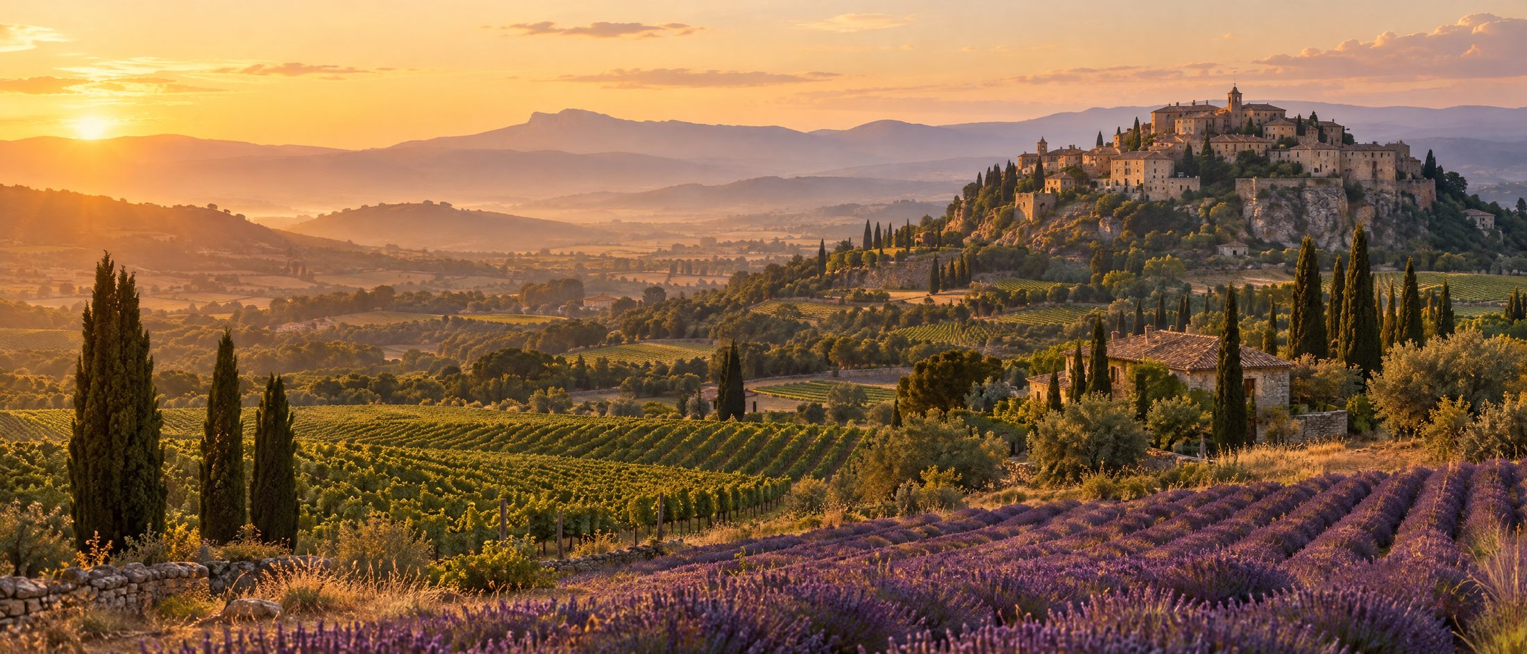 Village perché du Luberon au-dessus des vignes et des champs de lavande au coucher du soleil