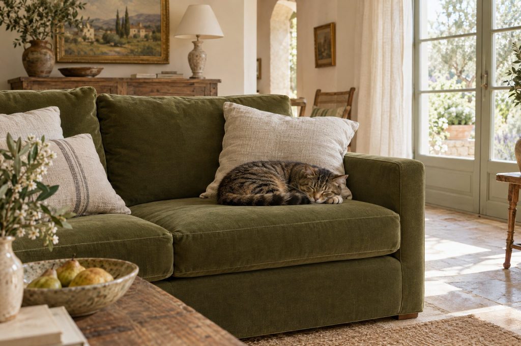 Chat endormi sur un canapé en velours olive