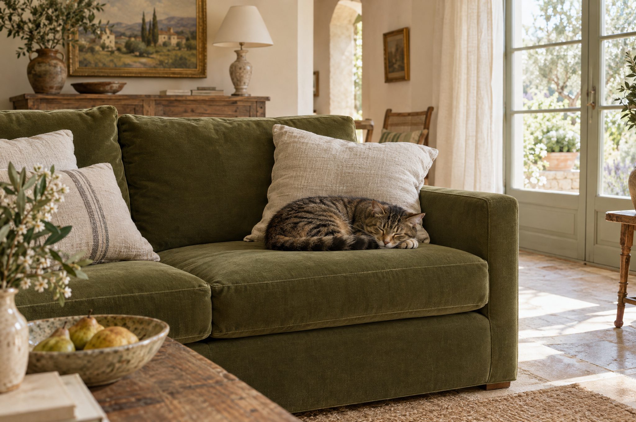 Chat endormi sur un canapé en velours olive