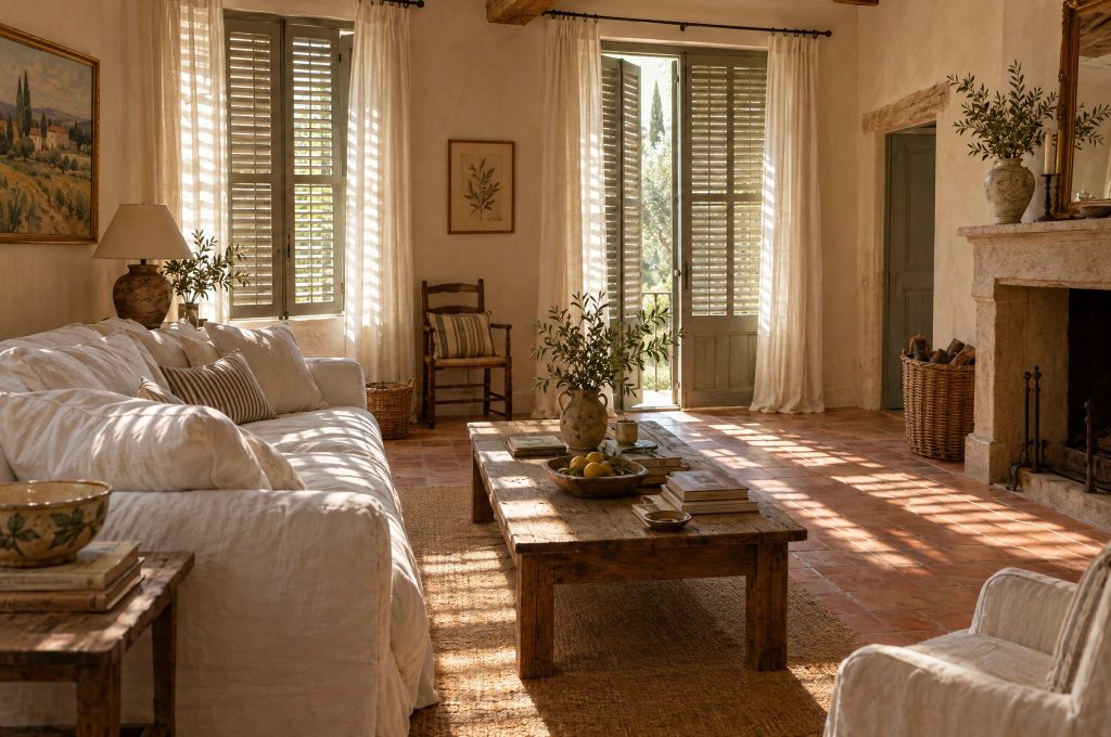 Salon d'une maison provençale aux rideaux de lin clair