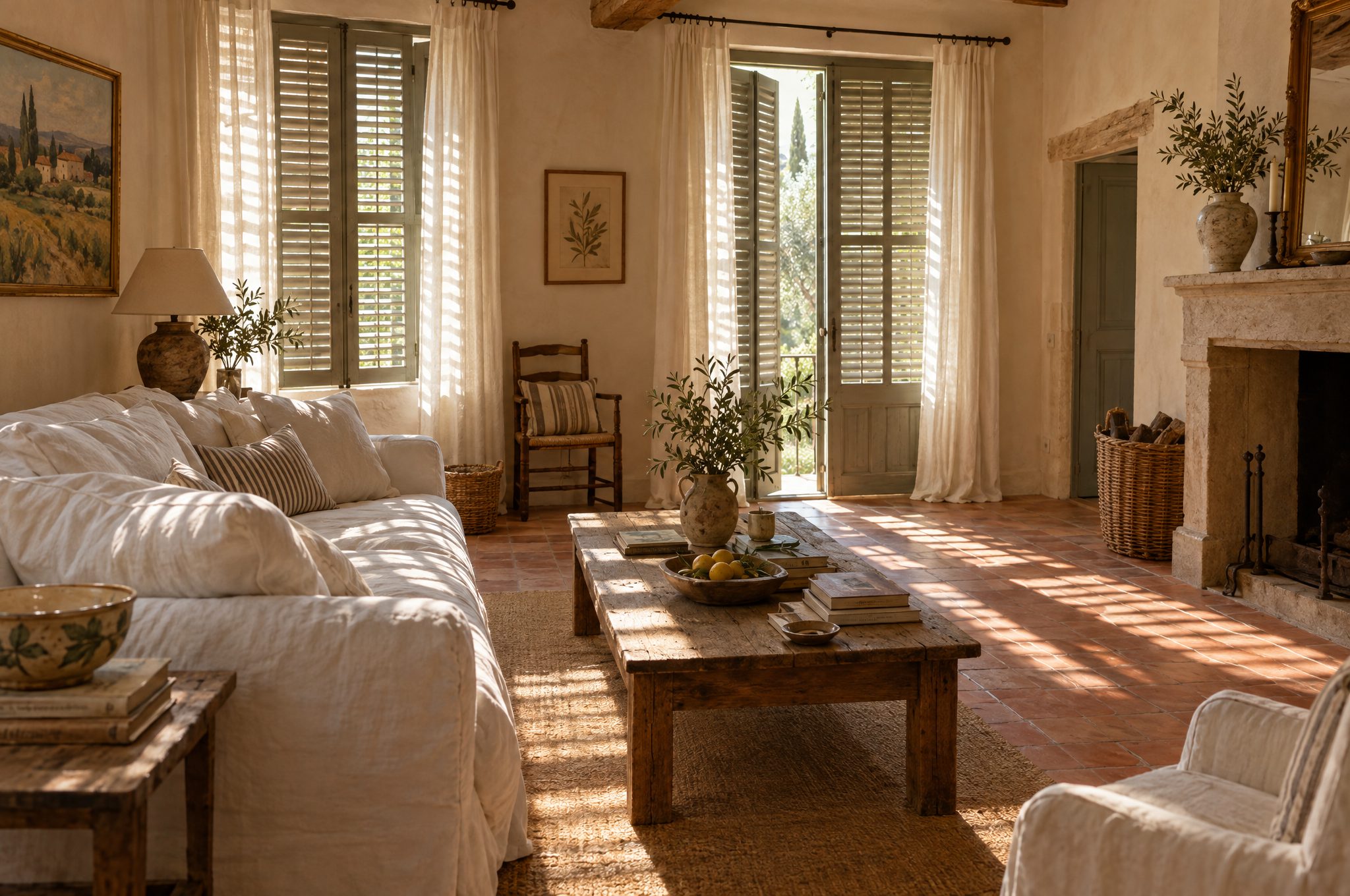 Salon d'une maison provençale aux rideaux de lin clair
