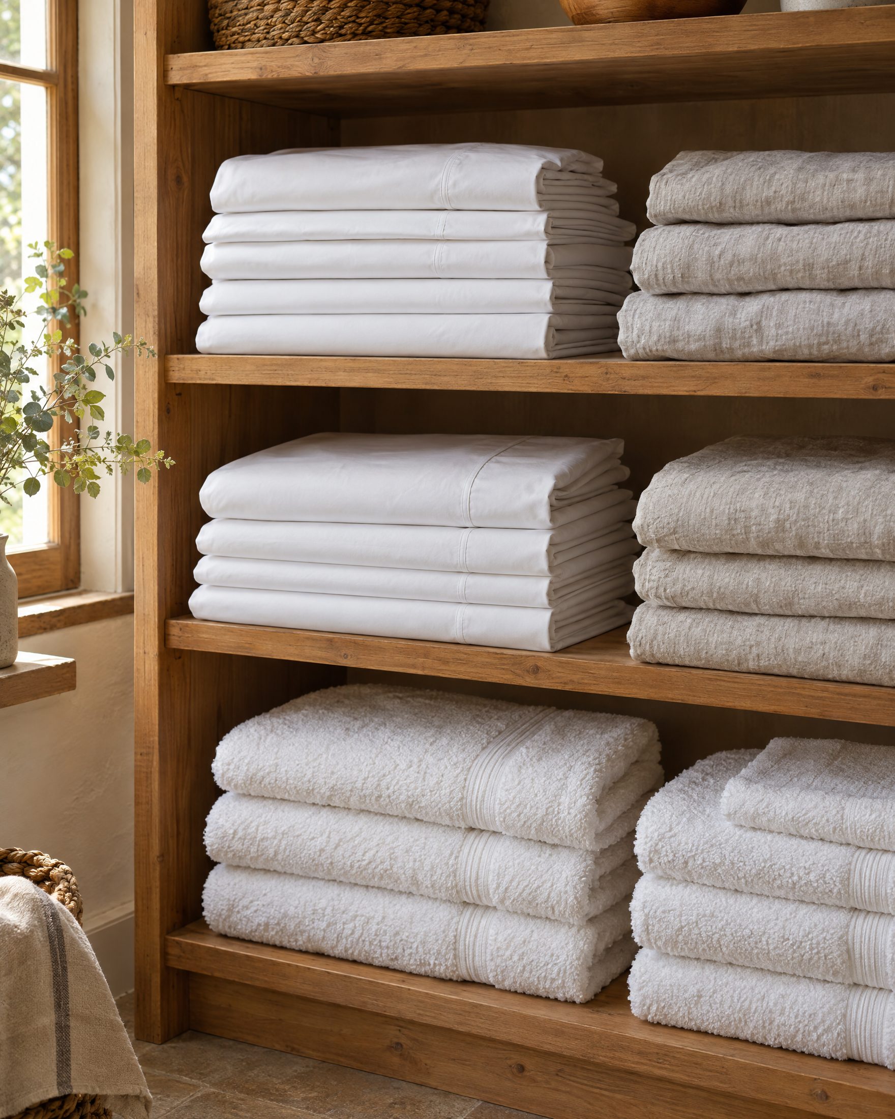 Pile de linge de lit et de bain blanc en coton et lin