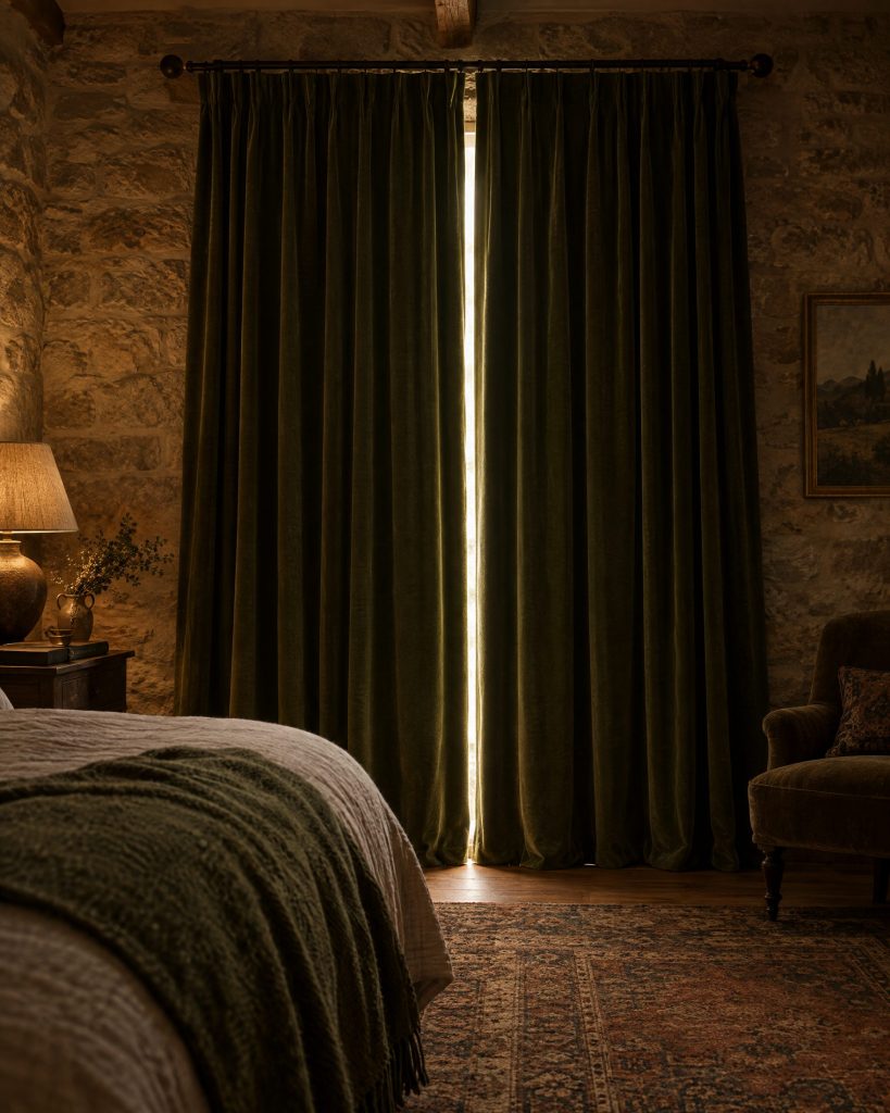 Rideau occultant doublé tiré dans une chambre