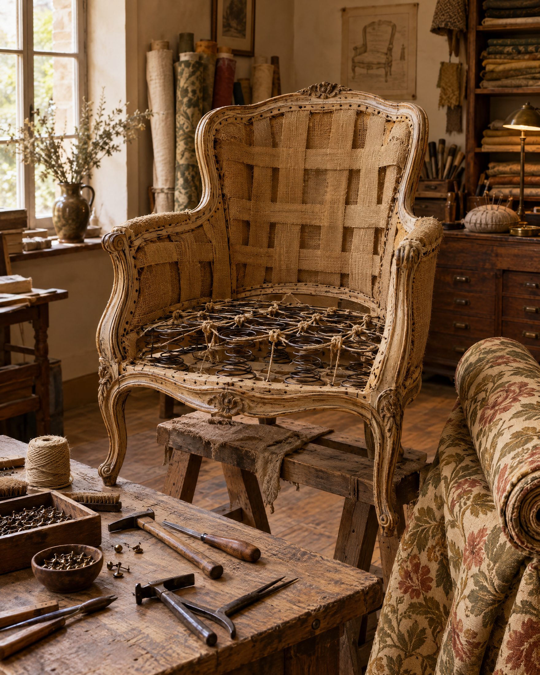 Fauteuil ancien dégarni sur un établi de tapissier, sangles et crin apparents, entouré d'outils