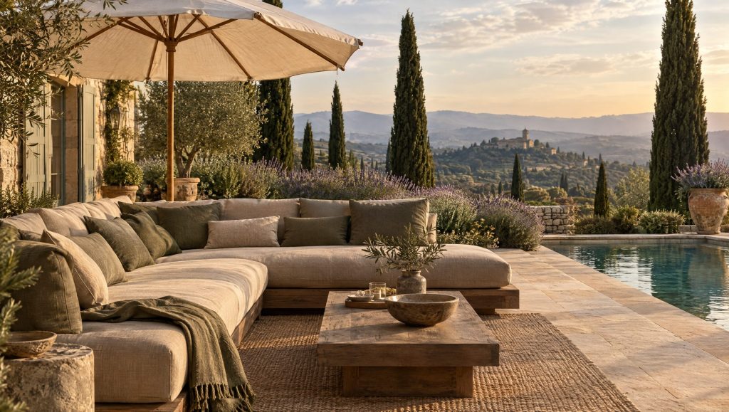 Terrasse de villa du Luberon avec coussins en tissu d'extérieur