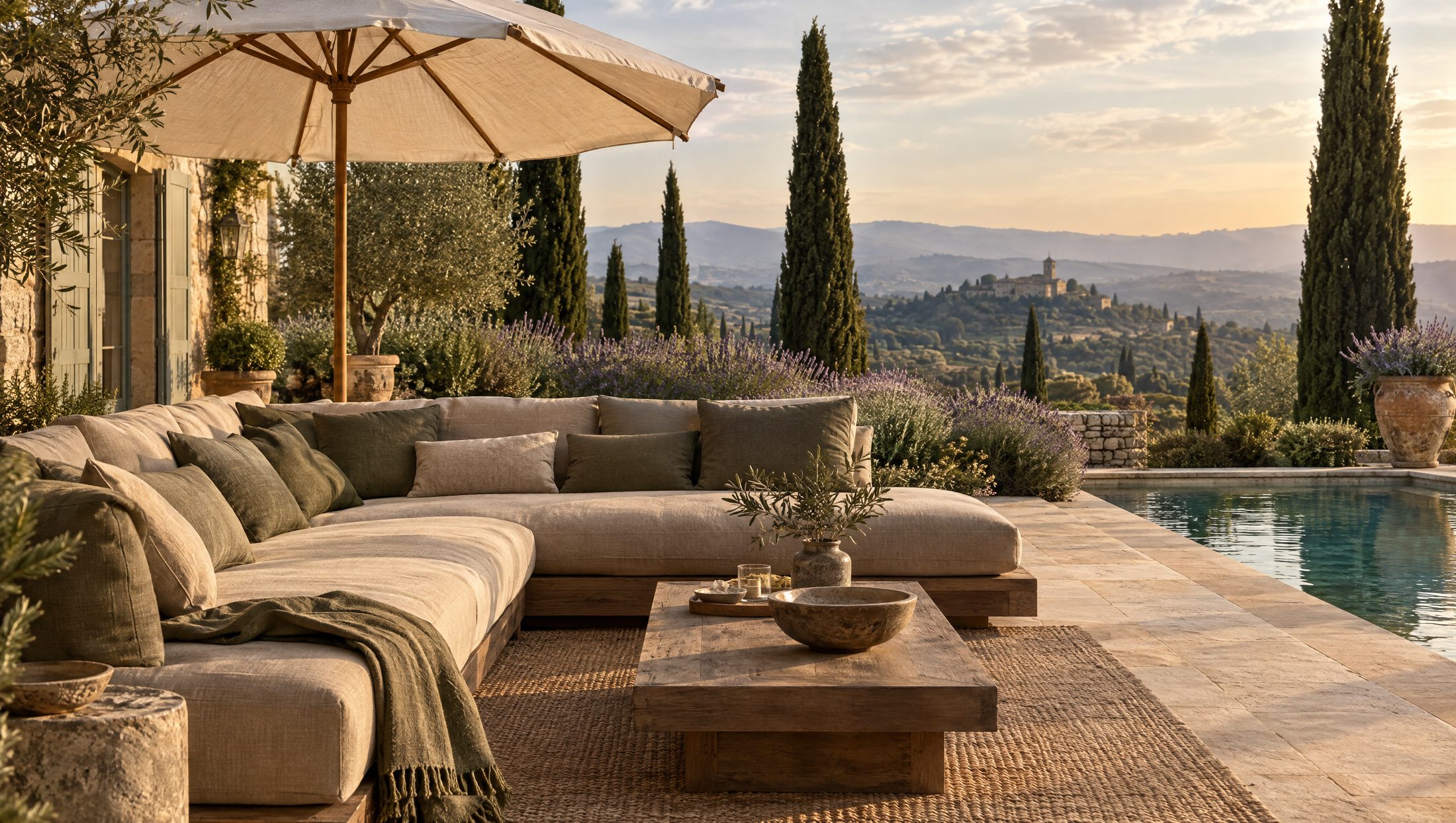 Terrasse de villa du Luberon avec coussins en tissu d'extérieur
