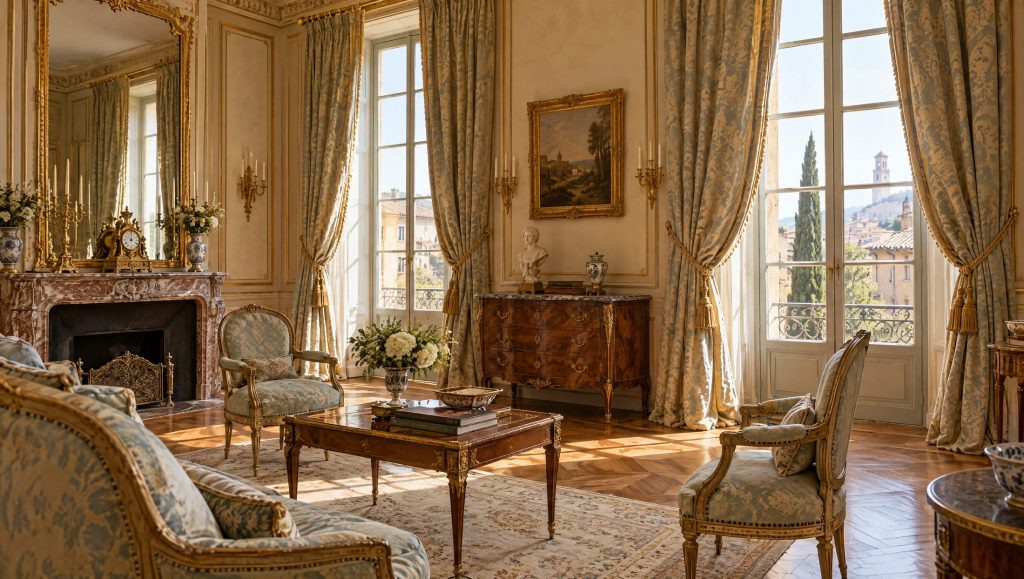 Salon d'un appartement ancien d'Aix-en-Provence aux rideaux de damas et fauteuils regarnis