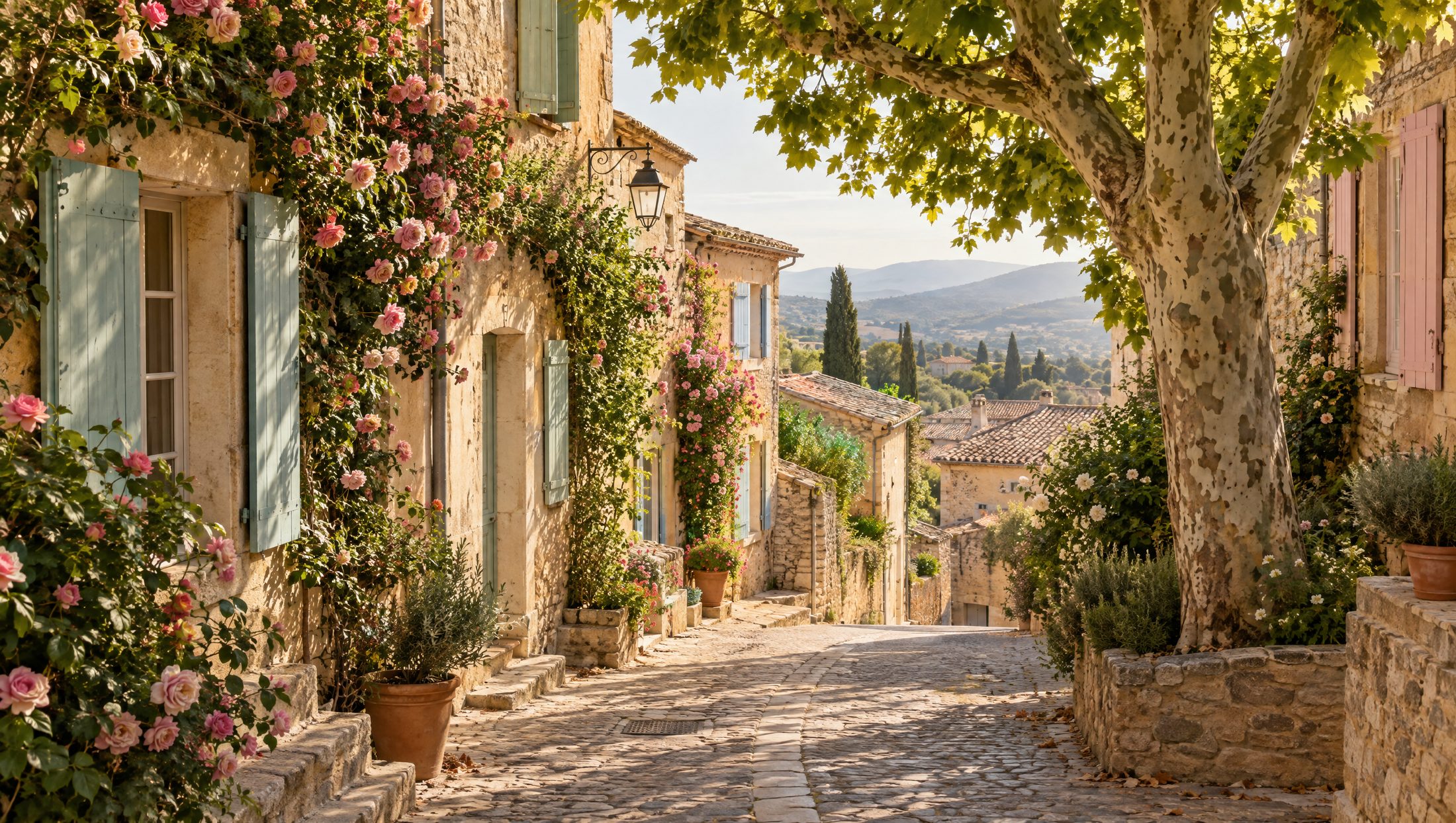 Ruelle pavée d'un village provençal, façades de pierre et volets clairs, illustration